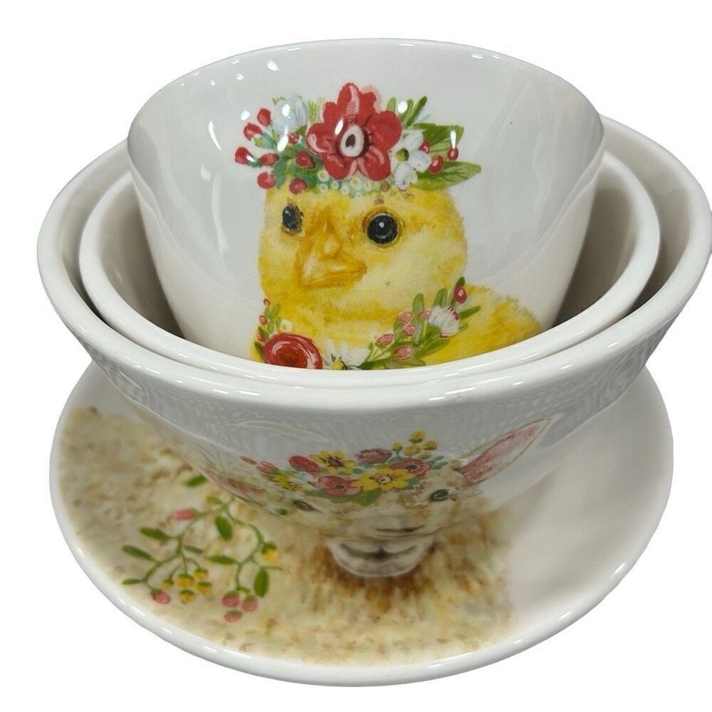 Grace Fine Ceramic Home Easter Animal & Flower Print Plate & Bowl 4Pc Set OS